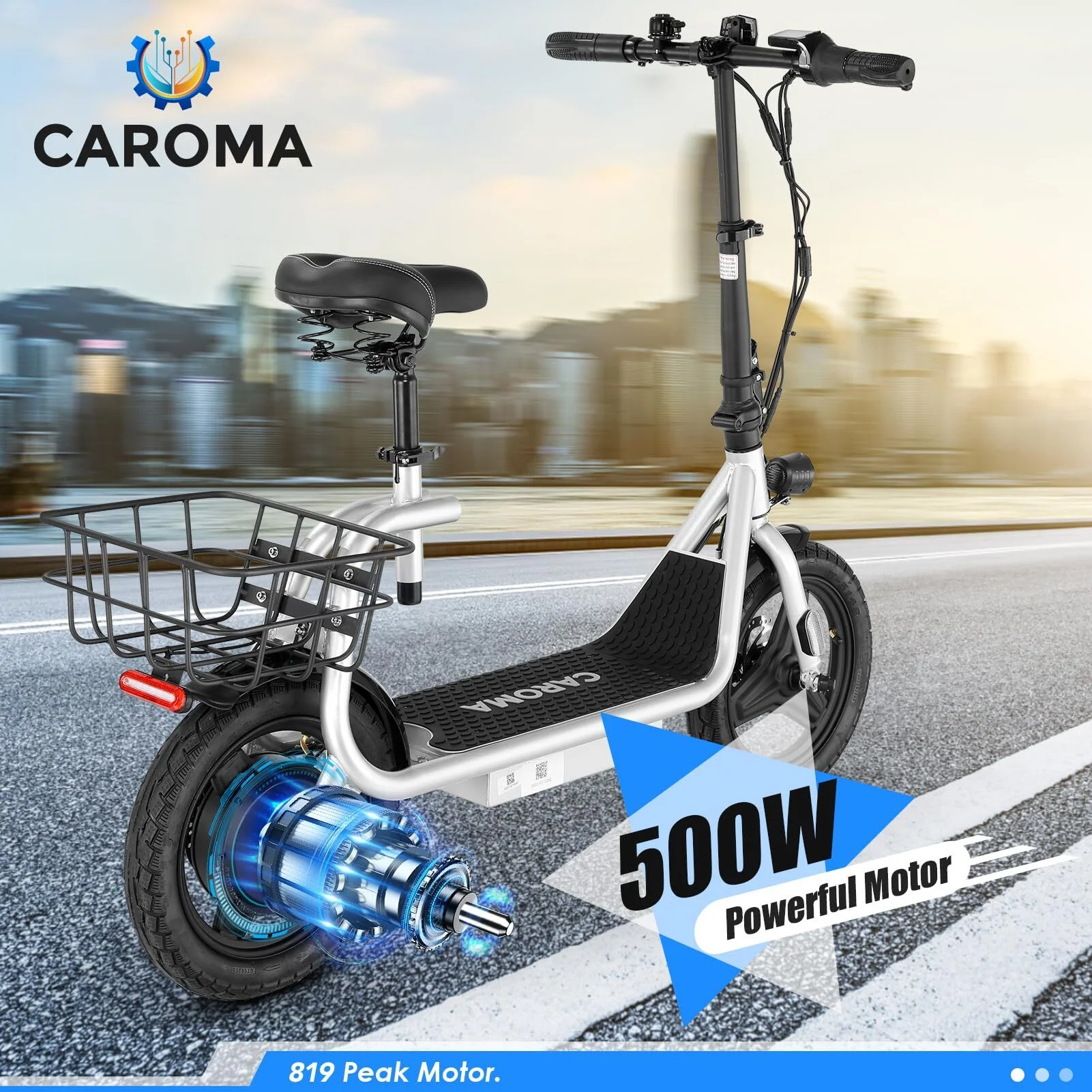Caroma 800W(Peak) Adults Electric Scooter with Removable Seat, Max Speed 20mph Up to 25 Miles Range, 14" Tire for Commuting Scooter with Basket, Folding Electric Scooter, Silver