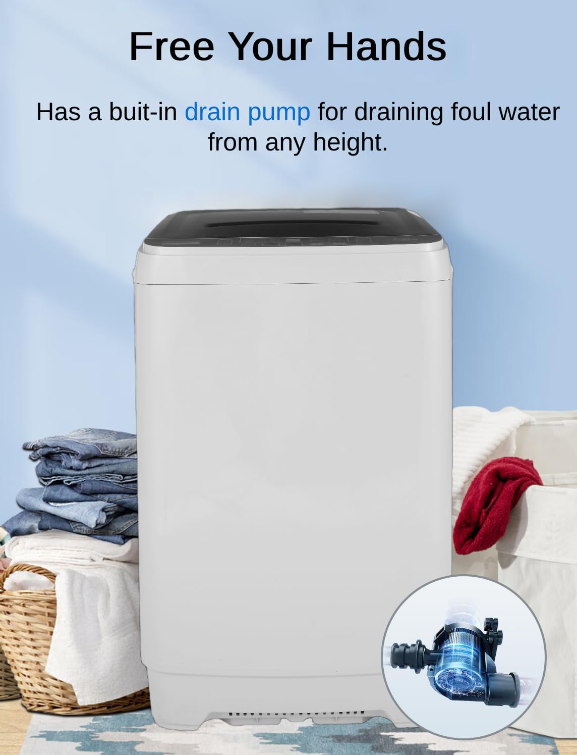 Nictemaw Portable Washing Machine, 17.8Lbs Capacity Full Automatic Compact Laundry Washer, 2.3 Cu.ft Portable Washer with 10 Wash Programs & 8 Water Levels & Drain Pump for Apartment, RV, Dorm