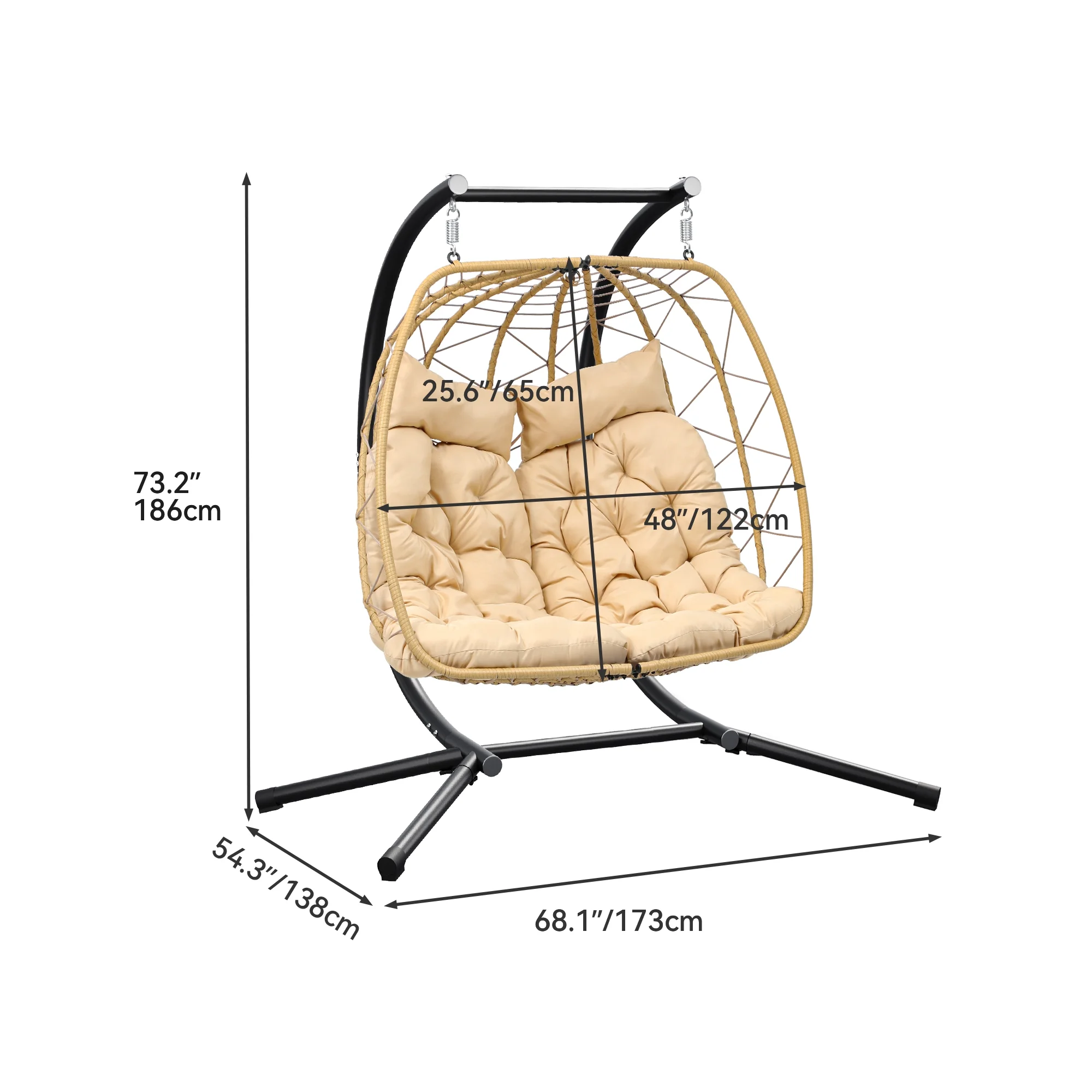 Dextrus Hanging Egg Swing Chair with Stand Double Egg Chair 2 Person Wicker Chair Indoor Outdoor Hammock Egg Chair with Cushions 500lbs for Patio, Bedroom, Garden and Balcony, Beige