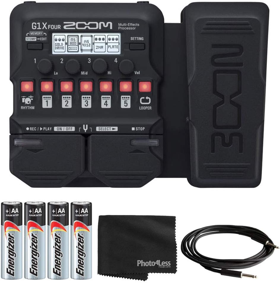 Zoom G1X Four Guitar Effects Processor with Built-In Expression Pedal - 70+ Built-in Effects, Amp Modeling, Looper, Rhythm Section, Tuner + 4x AA Batteries + Instrument Cable + Cleaning Cloth