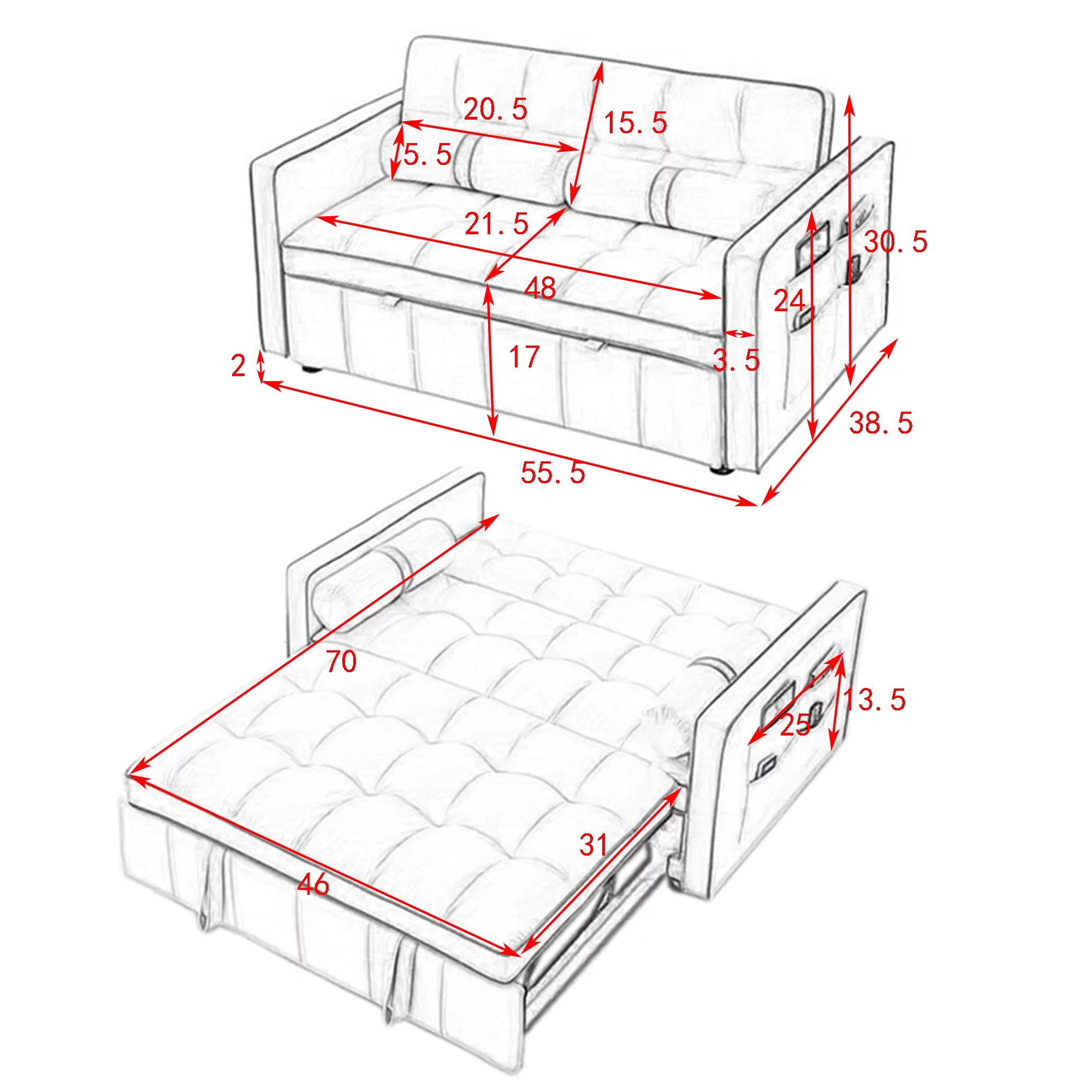 Ufurpie 55.5" Pull-Out Velvet Sofa Bed,Sleeper Sofa with Adjustable Backrest and Lumbar Pillows,2 Seater Loveseats Sofa Couch,for Living Room,Bedroom,Apartment,White