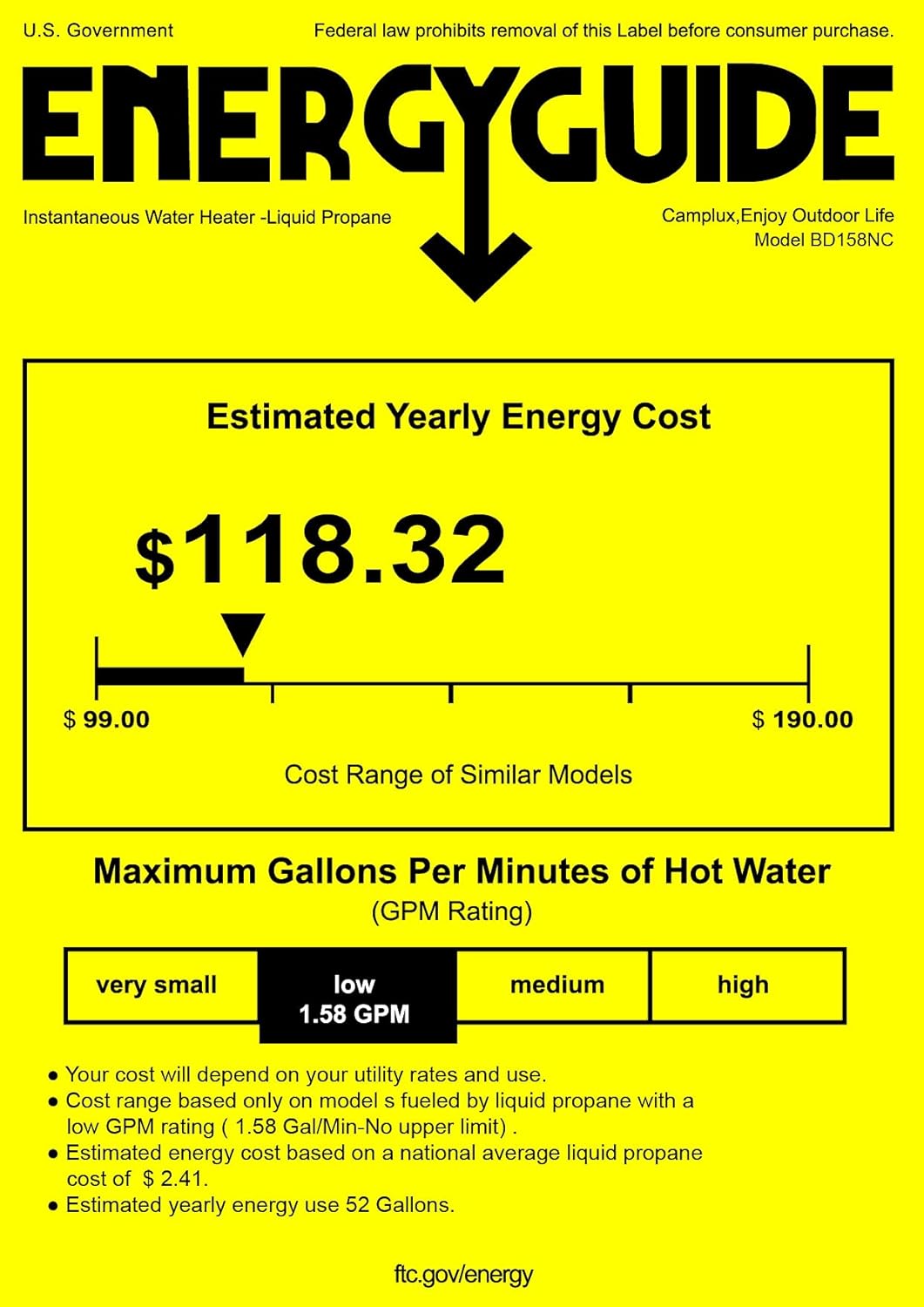 Portable Tankless Water Heater, Camplux 1.58 GPM Outdoor Propane Hot Water Heater with S/S Rain Cap
