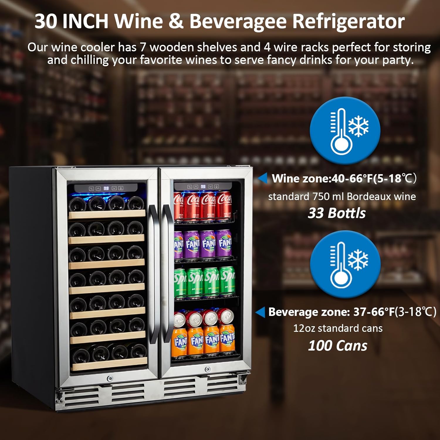 Wine and Beverage Refrigerator, 30 Inch Dual Zone Wine Cooler Refrigerator Wine Fridge with Digital Temperature Control Safety Locks LED Light, Hold 33 Bottles and 100 Cans, Built-In or Freestanding