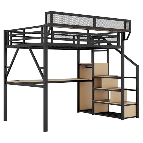 Full Size Loft Bed with Stairs and Storage, Metal Loft Bed Frame with Bedside Shelf and Large Under-Bed Space, Heavy-Duty Bed for Adults Teens and Kids, Black