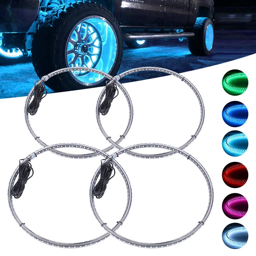 4Pcs 17.5'' Double Row LED Wheel Lights RGB Ring Rim Lamp Fit Car Truck Bluetooth