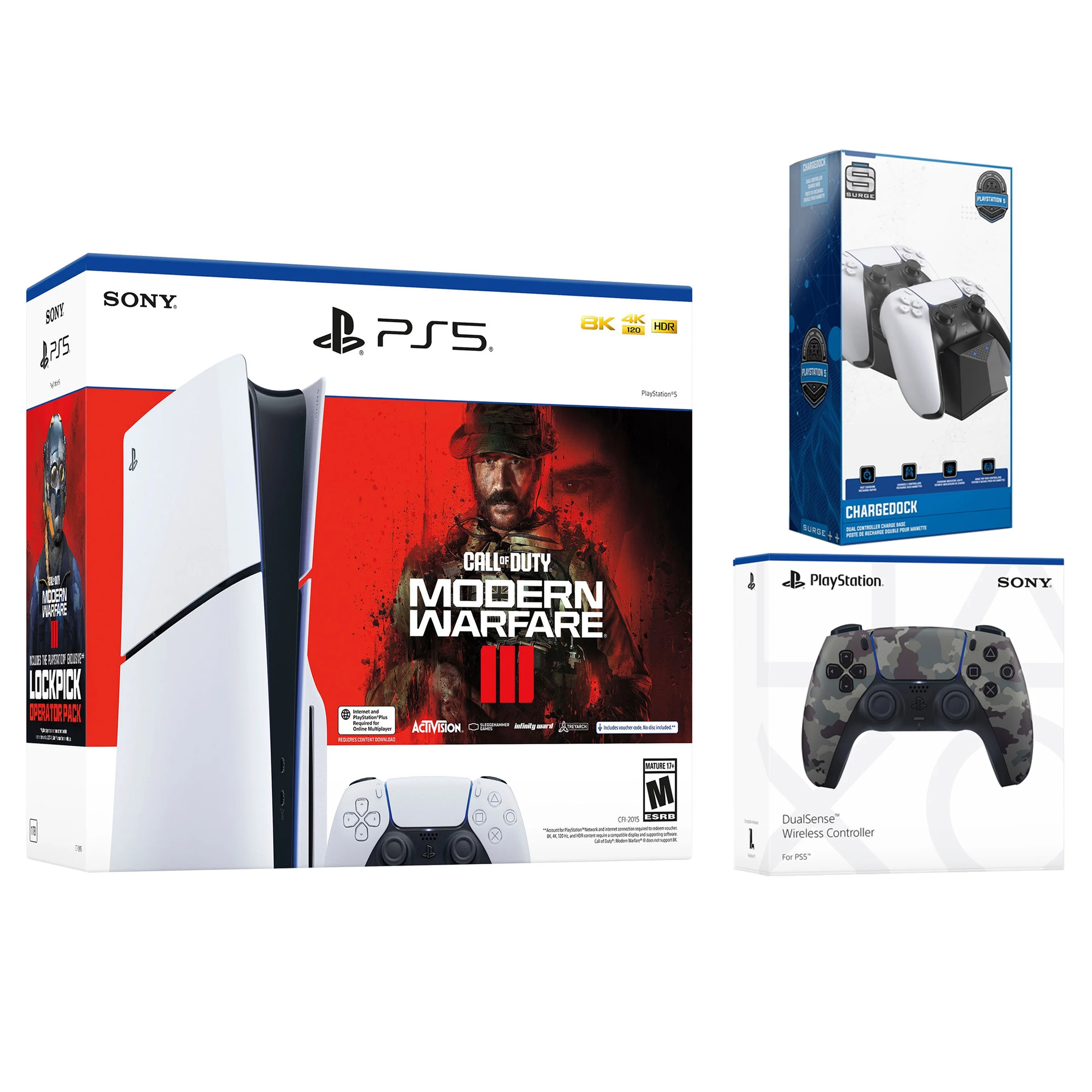 Sony PlayStation 5 Slim Disc Call of Duty Modern Warfare 3 Bundle with Extra Gray Camo Controller and Surge Dual Controller Charge Dock