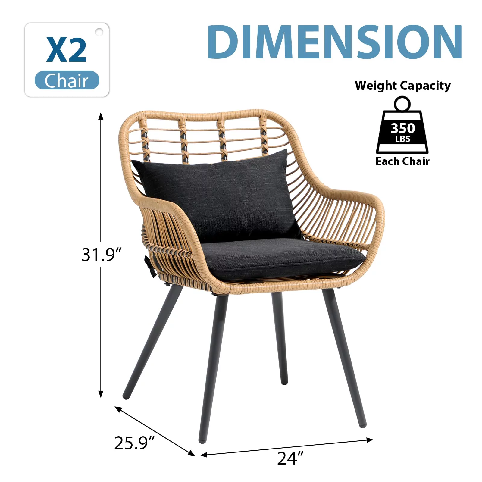 JOIVI Outdoor Wicker Chairs Set of 2, Patio Dining Chairs with Cushions, All-weather Rattan Porch Chairs with Armrest for Outside Lawn, Balcony, Garden, Black