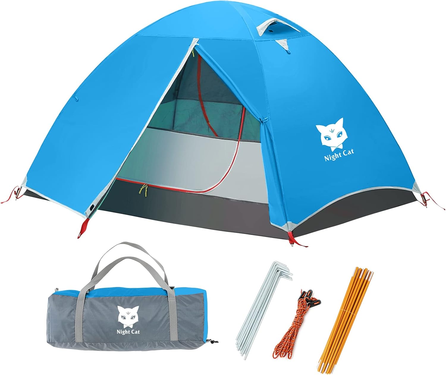 Night Cat Backpacking Tent 2 Persons with Aluminium Pole Camping Tent Adults Lightweight Rainproof Portable Easy Setup Two Doors Double Layers Hiking Mountaineering Outdoors 2.2x1.45m