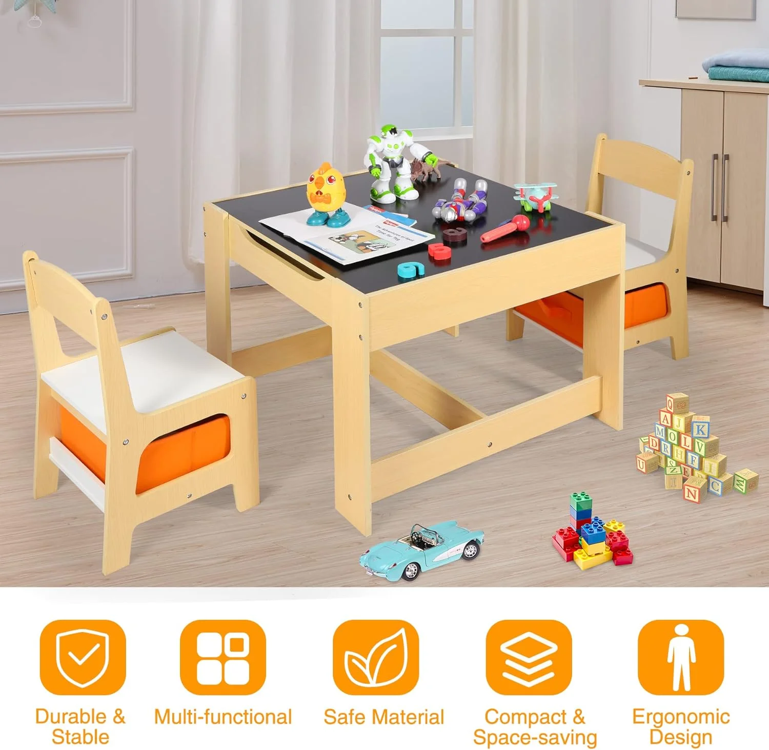 REDCAMP Kids Table and Chair Set, Wooden Activity Table with 2 Chairs,Storage Drawers,Activity Art Table for Toddler Drawing, Reading, Crafts, Play,（Natural）
