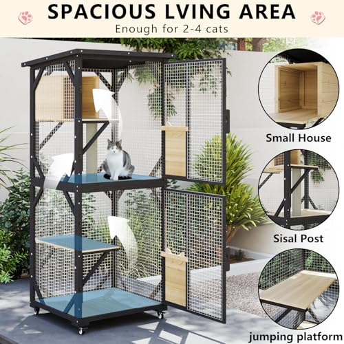LEMBERI Cat House Outdoor Catio Cat Enclosures on Wheels, 71" Large Outside Patio Wooden Cat Cage Resting Box,Scratching Post, Waterproof Roof (Gray, 71")
