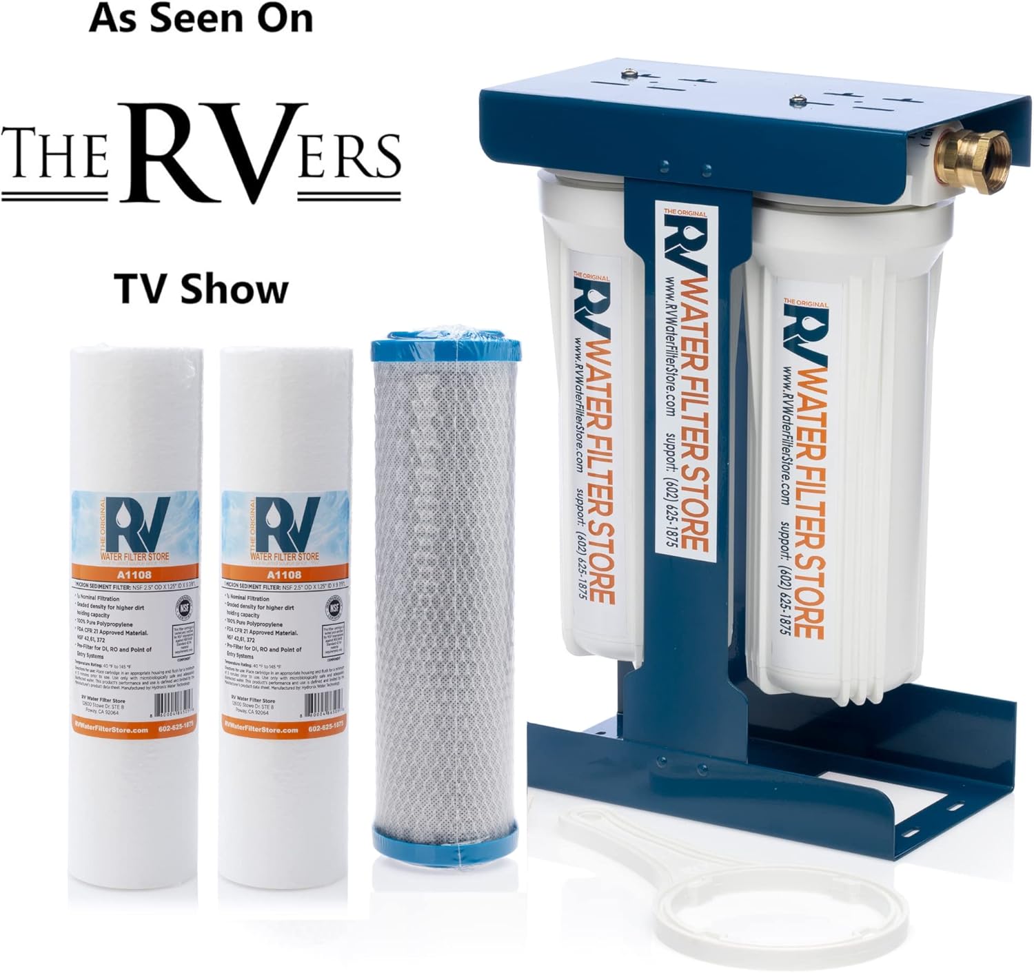 RV Water Filter Store Essential RV Water Filter System with Universal Blue Cage Mounting Bracket and Brass Hose Fittings + Warranty