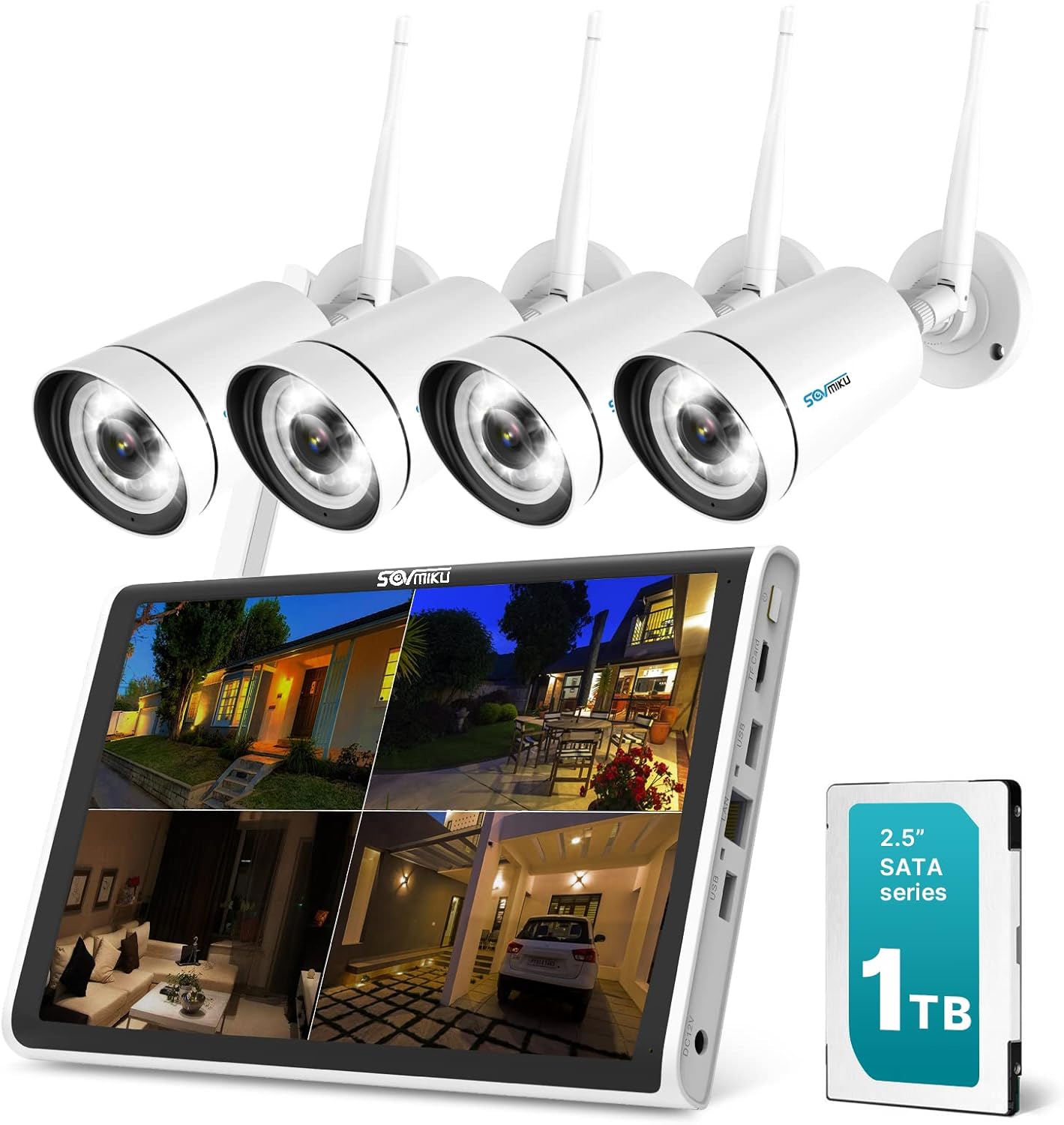 【Spotlight,10'' Monitor】 2K 2-Way Audio All-in-One WiFi Security Camera System Outdoor with Monitor,Sovmiku Color Night Vision,Face/Motion Detect,3MP Surveillance Camera,8Ch Expandable NVR,1TB HDD