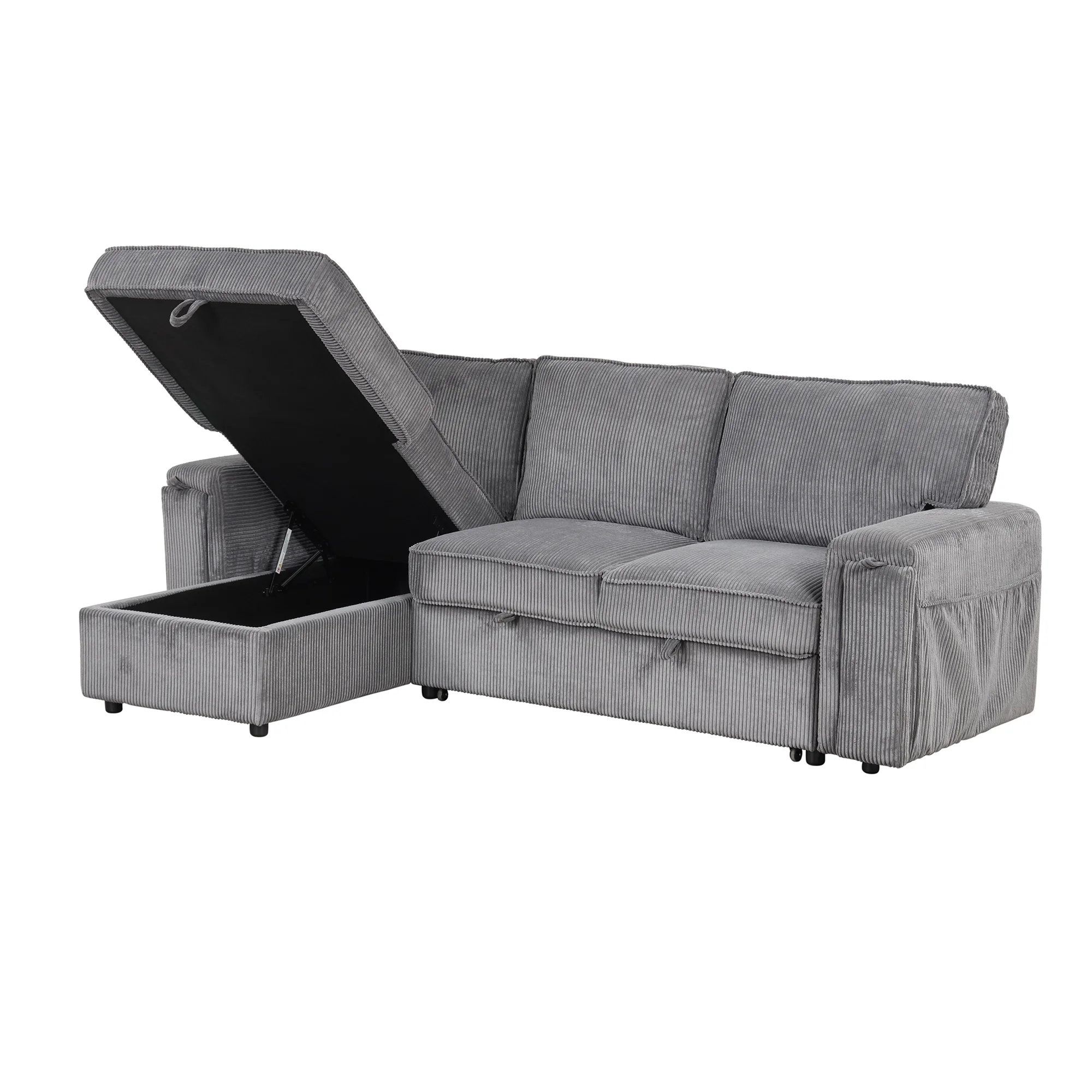 EUROCO 96.1" L-Shape Convertible Sleeper Sectional Sofa with Pull-Out Bed ,Storage Chaise and 2 Cup Holders, Corduroy Upholstered Reversible Corner 3 Person Couch, for Living Room, Apartment,Gray