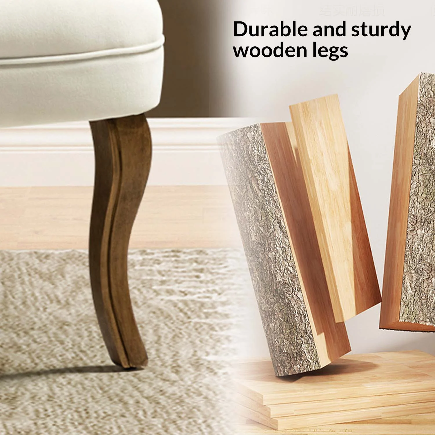 Makeup Vanity Stool Dressing Table Accent Chair Velvet Tufted Upholstered Cushioned Wood Leg Home Bedroom Living Room Ivory
