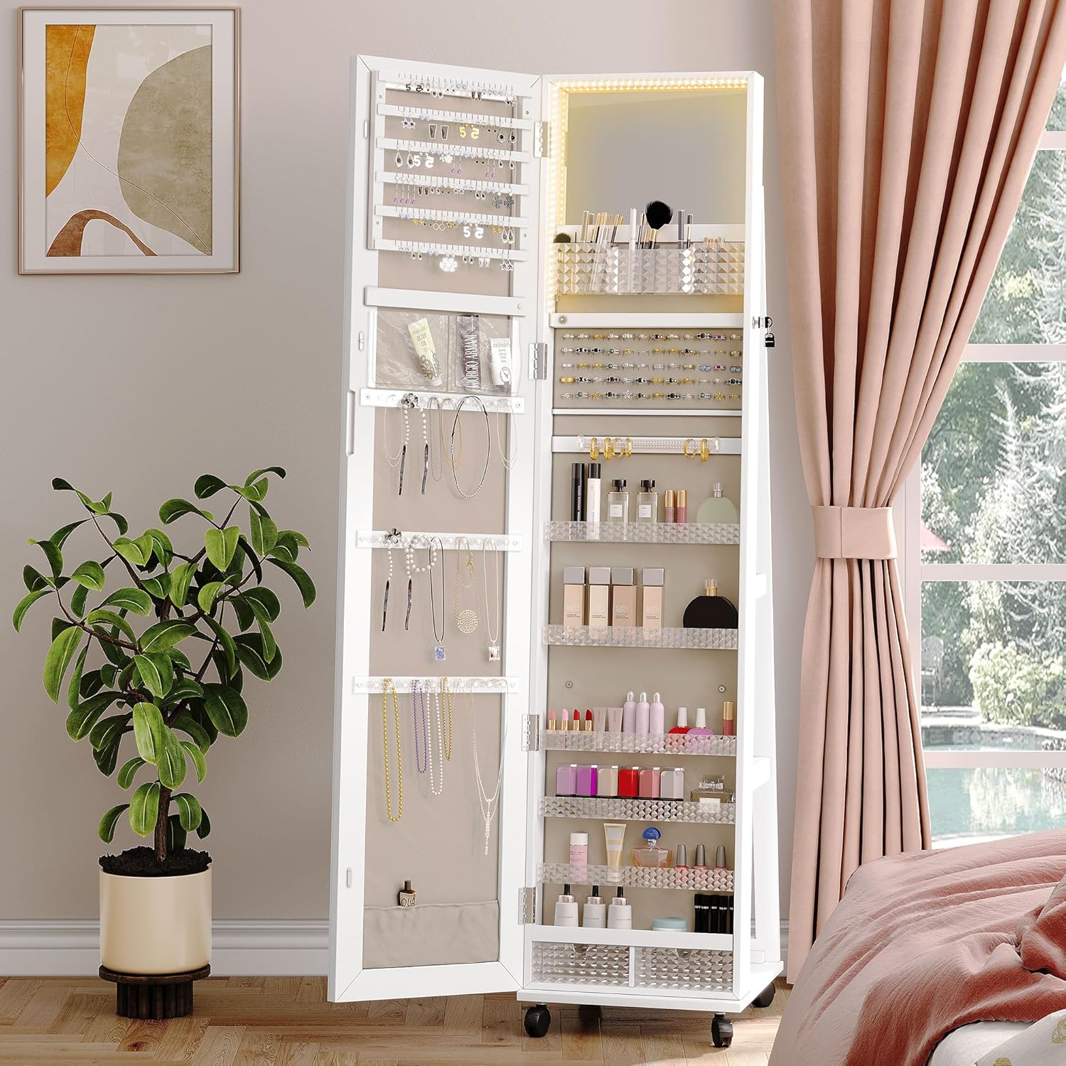 YITAHOME Mirror Jewelry Cabinet with Lights Standing Jewelry Armoire Storage Rotatable Full Length Mirror Jewelry Organizer Lockable Jewelry Armoire with Wheels for Bedroom, Cloakroom, White