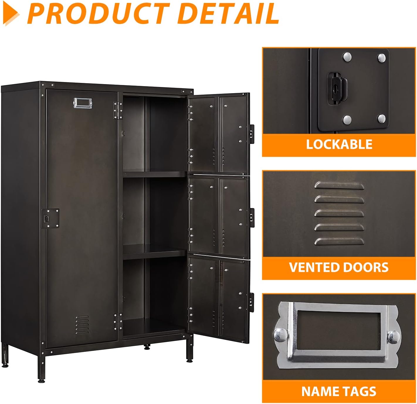 Metal Locker Storage Cabinet, 55" Employees Locker with 4 Doors, Steel Retro Wardrobe with Adjustable Feet for Home, Office, Gym, School