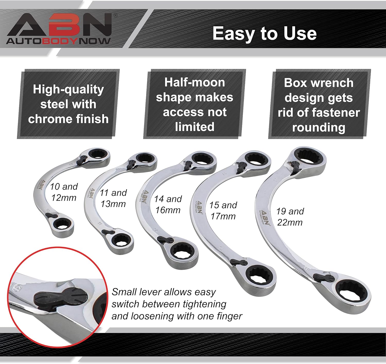 ABN Double Box Ratcheting Wrench Set - 5pc Half-Moon Shaped Metric Wrench Set Double Ended Wrench Set from 10 to 22mm Pack of 2