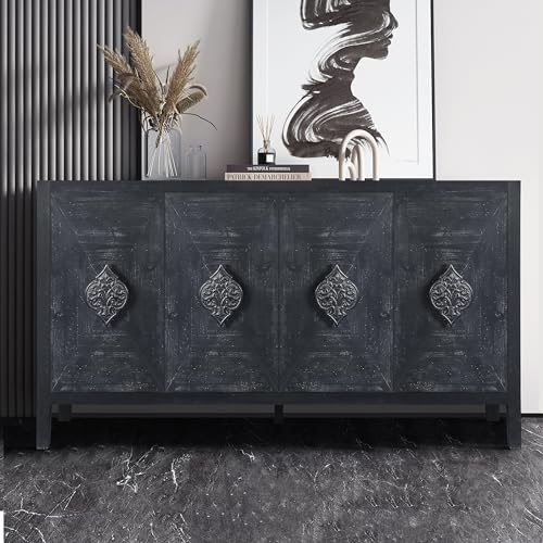 Retro Design 60'' Sideboard Large Storage Cabinet with 4 Doors and Adjustable Shelves, Solid Wood Console Table TV Stand with Open Storage for Kitchen Living Room (Smoke Blue)