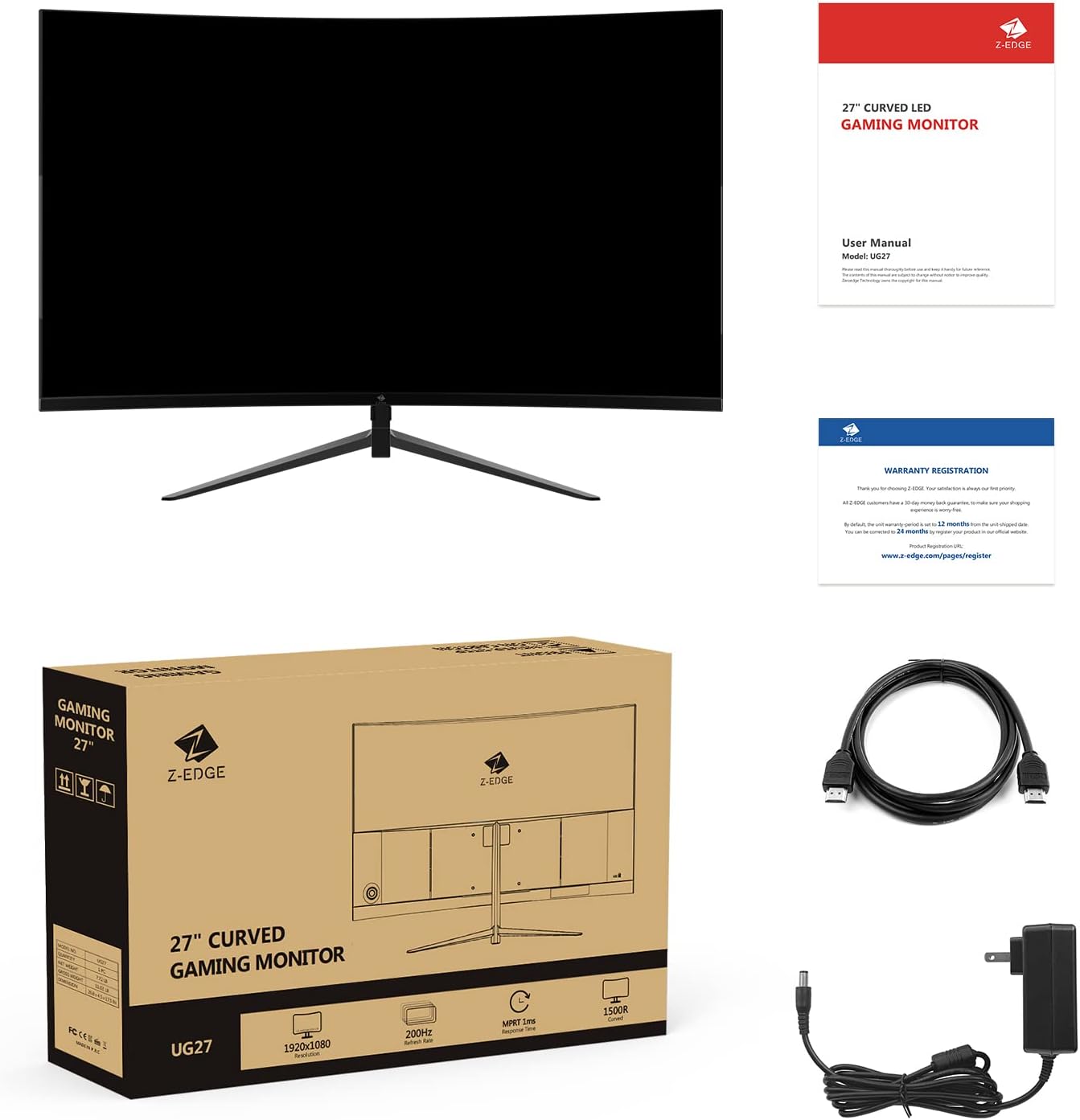 Z-Edge UG27 27-inch Curved Gaming Monitor 16:9 1920x1080 200/144Hz 1ms Frameless LED Gaming Monitor, AMD Freesync Premium Display Port HDMI Build-in Speakers