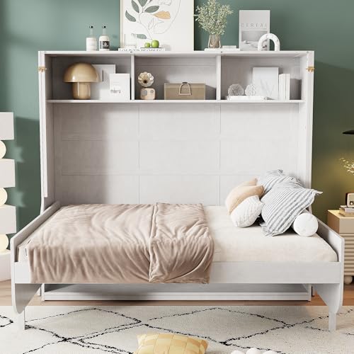 Full Size Murphy Bed with Desk, Horizontal Wall Bed with Storage Shelves, Solid Wood Cabinet Murphy Bed Full Size, Antique White