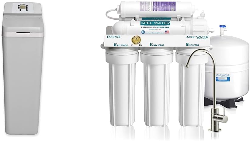 Whirlpool WHES40E 40,000 Grain Softener, White & APEC Water Systems ROES-PH75 Essence Series Top Tier Alkaline Mineral pH+ 75 GPD Osmosis Drinking Water Filter System, White