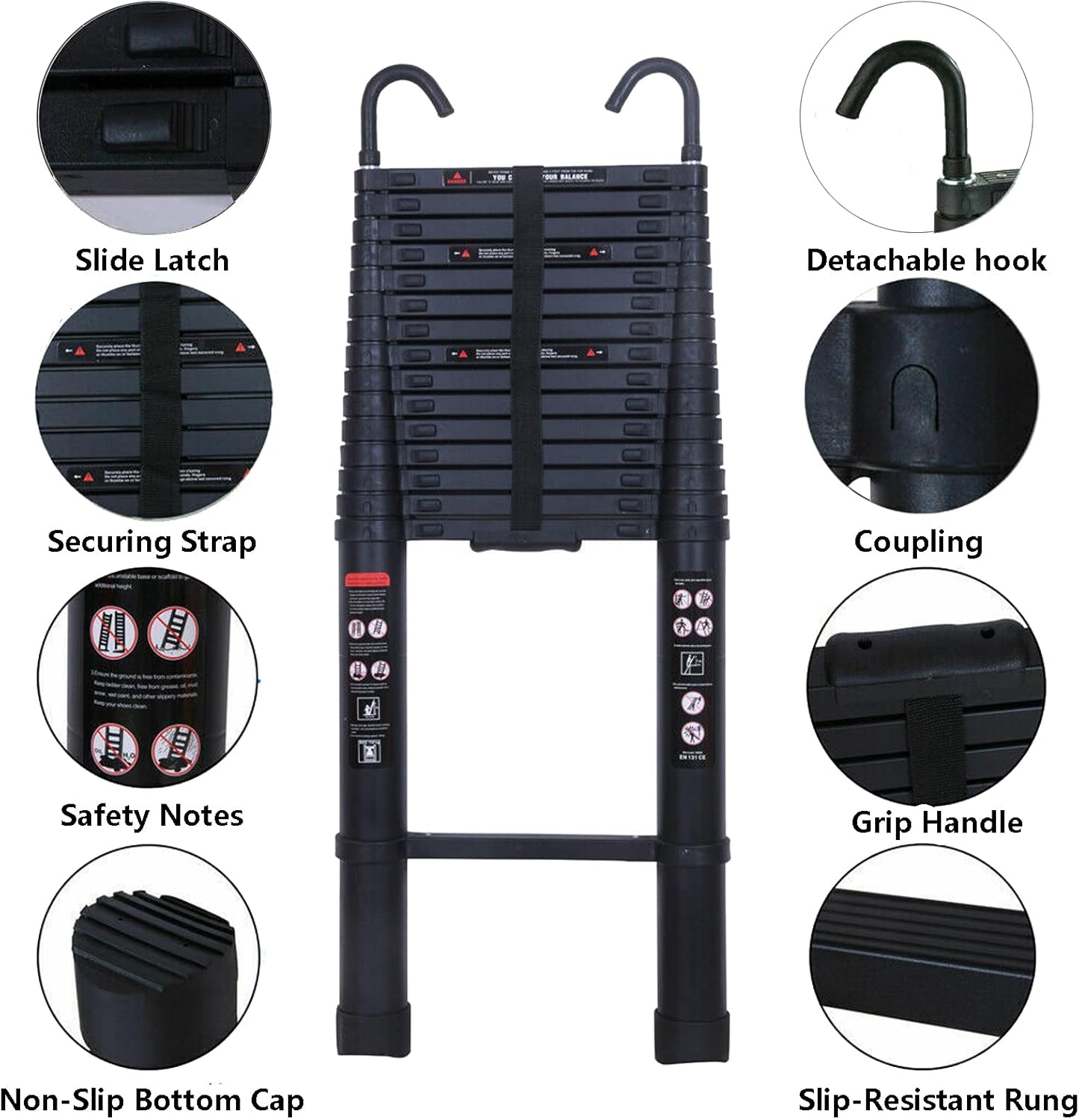 20 FT Aluminum Telescoping Ladder with 2 Detachable Roof Hooks(2.8 inch), Lightweight Telescopic Extension Ladder for Home, Multi-Purpose Rv Ladder Loft Ladder Max 330 Lb Capacity, EN131 Certificated