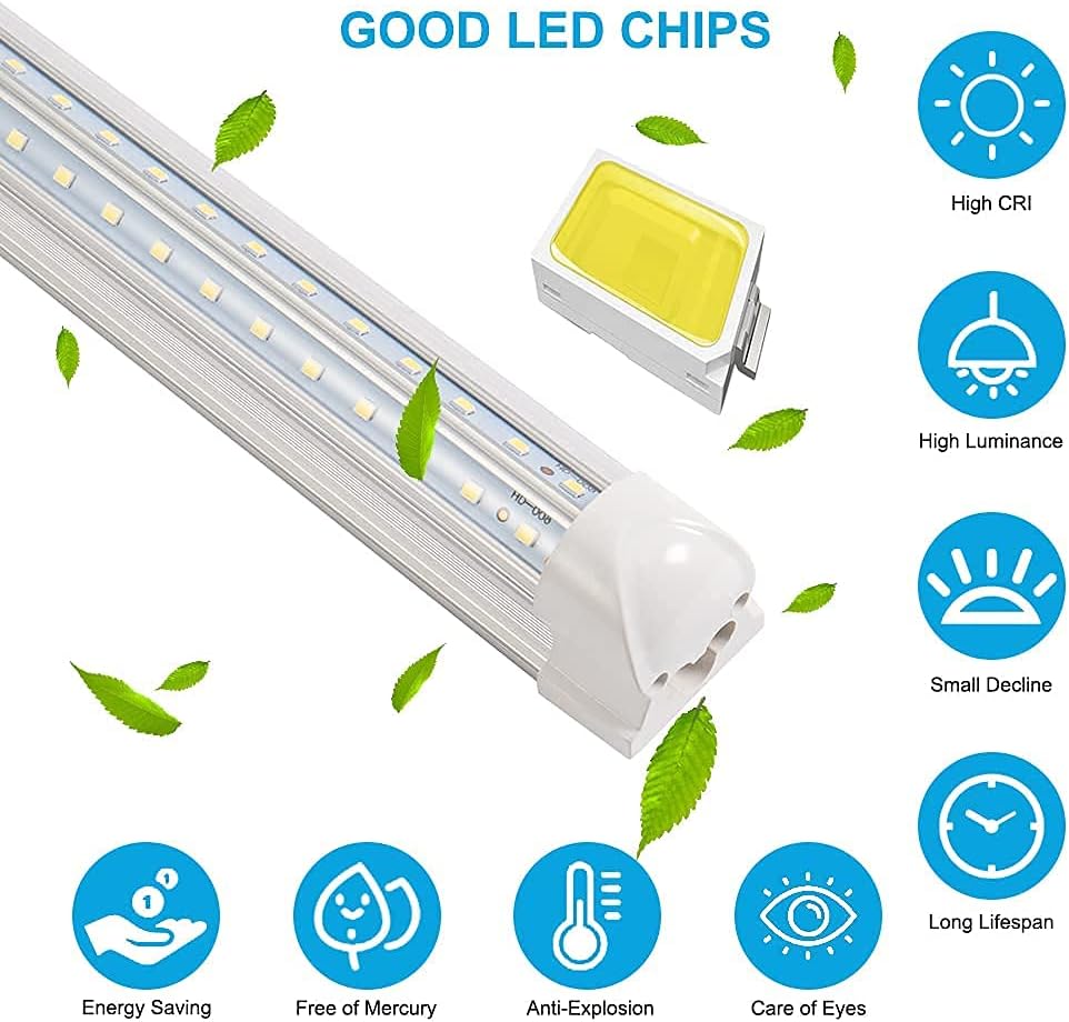8FT LED Shop Light 8 Foot Led Lights 72w 8500LM 5000K LED Shop Light 8ft, 96'' T8 Integrated LED Tube, Linkable Led Bulbs for Garage, Warehouse, v Shape Clear Lens (10-Pack)