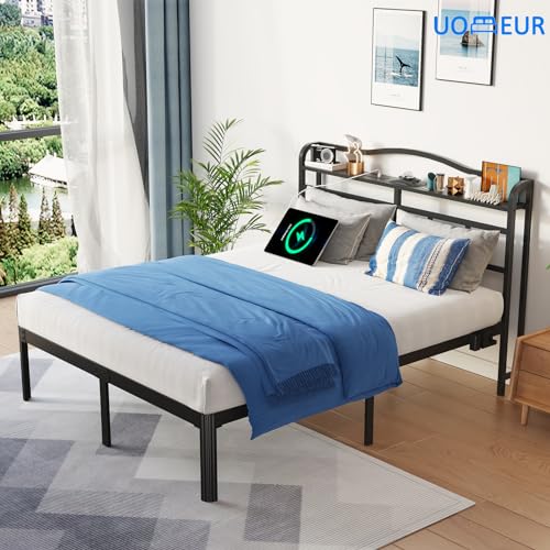 Full Bed Frame,Full Bed Frames with Headboard,Metal Bed Frame Full Size with Charging Station&Aurora Projector,Black Bed Frame No Box Spring Needed ,Extra Storage Space,Squeak Resistant,Easy Assembly