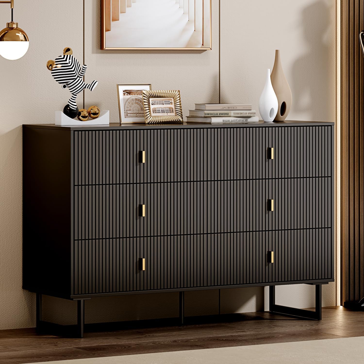 Black 6 Drawer Dresser for Bedroom, Large Double Dresser with Wide Drawers, Modern Chest of Drawers,Storage Organizer Dresser,for Living Room, Hallway, Bedroom