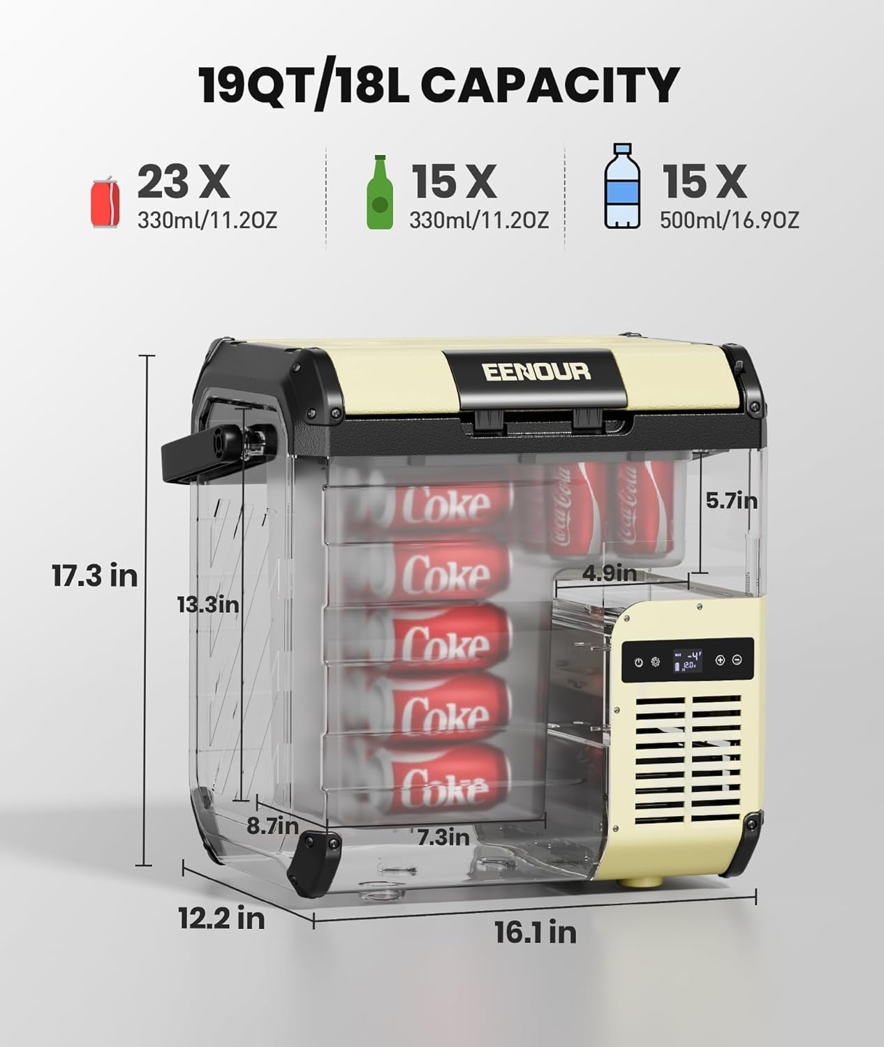 EENOUR D18 12 Volt Car Refrigerator, Portable Freezer 19Qt/18L Battery & Solar Powered Cooler 25W, -4~50℉, 12/24V DC, 110~240V AC, Idea for 2 People, Road Trips, Truck, Camping (Battery Not Included)