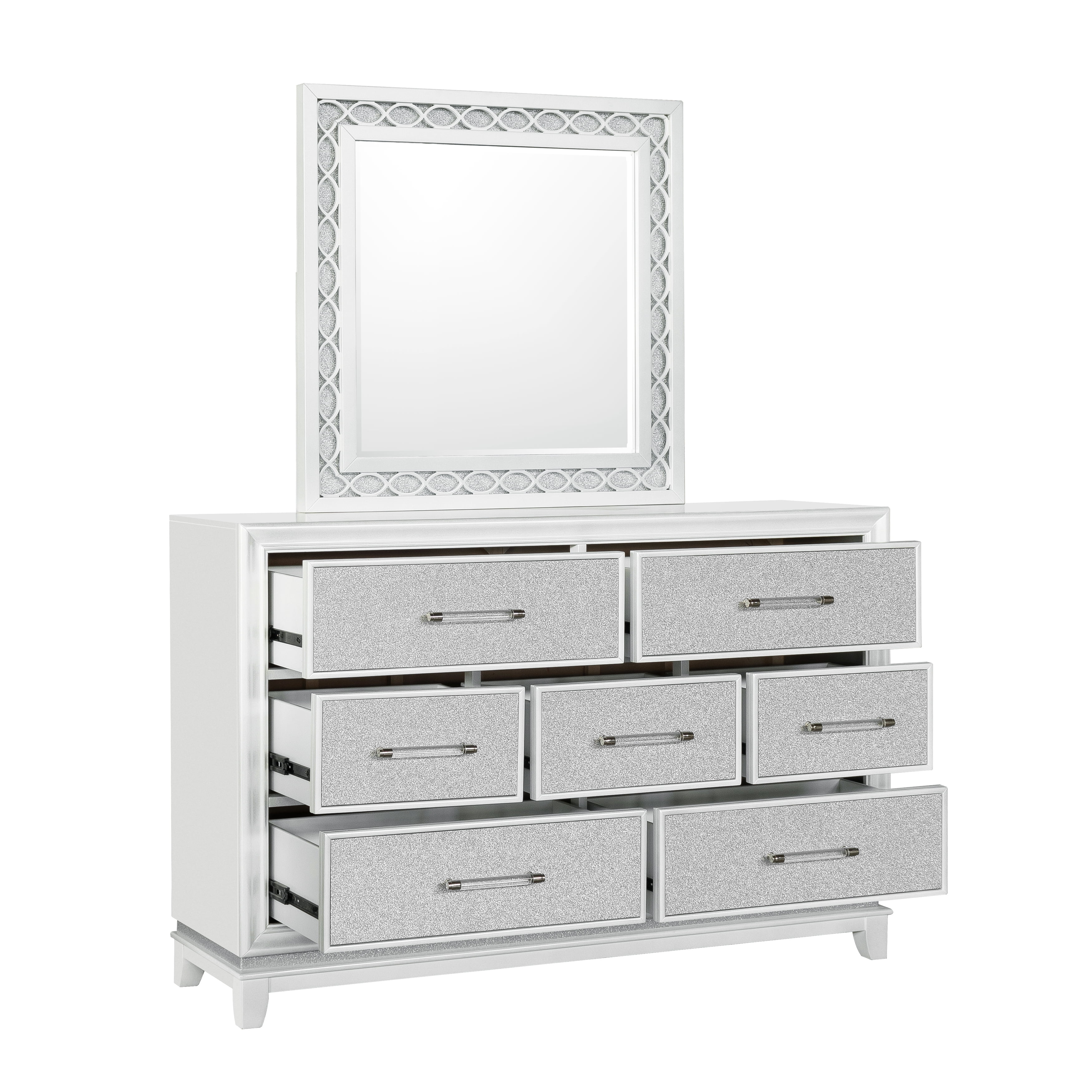 Roundhill Furniture Galaxy 4-Piece Bedroom Set with LED Lights, Tufted Bed, Dresser, Mirror, and Nightstand in Pearlized White, Queen