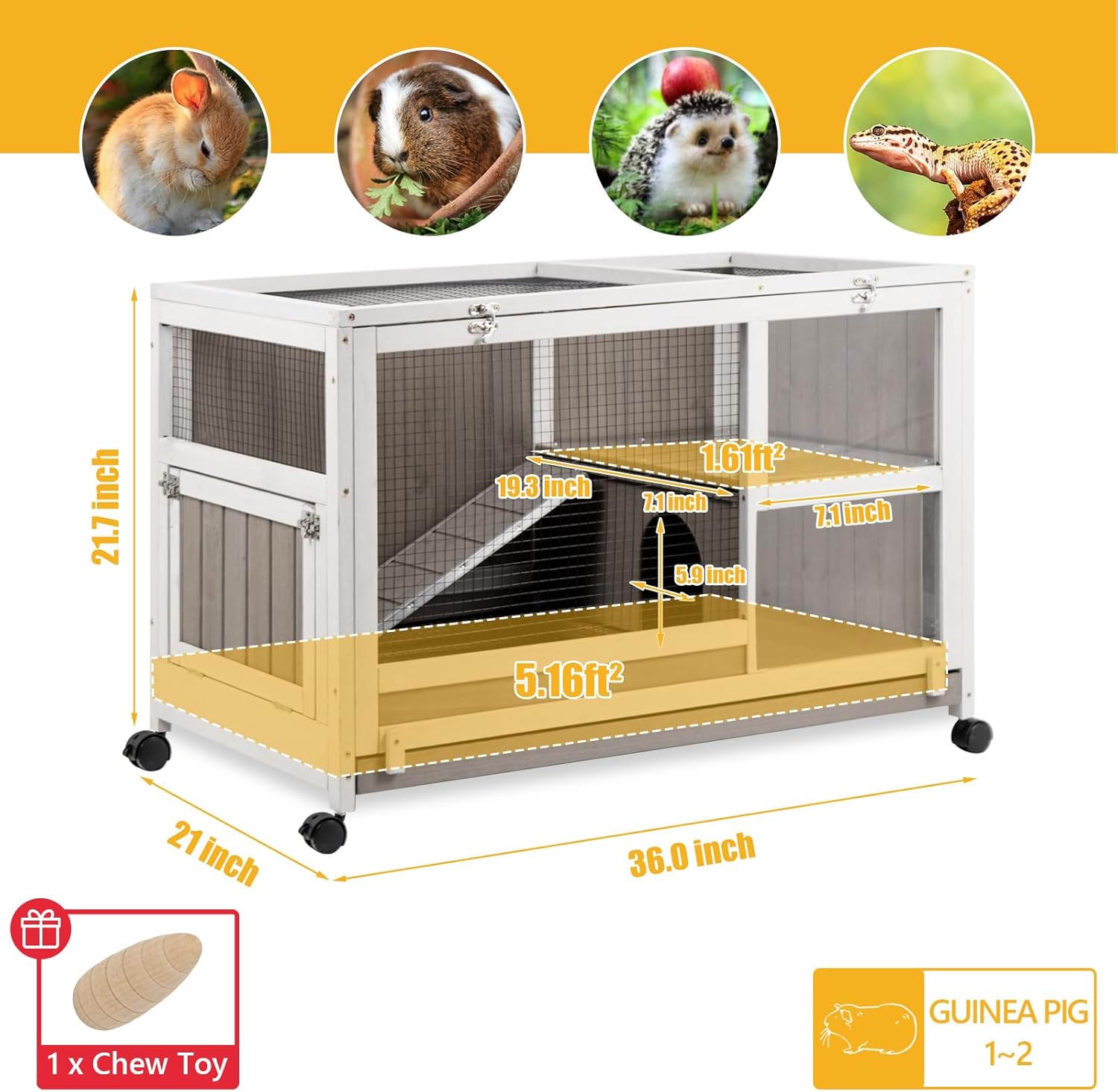Guinea Pig Cages Indoor, Rabbit Cage on Wheels, Easy Clean Hamster Cage with Pull Out Tray, Small Animals Cage with Ramp Large Habitat for Hedgehog Gerbil & Rat
