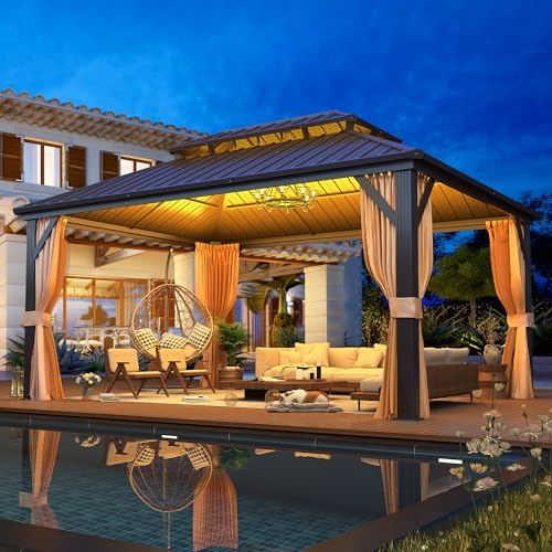 EROMMY 14'x20' Hardtop Gazebo Double Roof Galvanized Steel Canopy Outdoor Aluminum Frame Permanent Metal Pavilion with Netting and Curtains for Patio Backyard Deck and Lawns