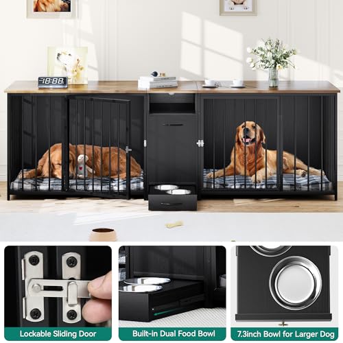 DWVO Double Dog Kennel Furniture, 80.2" Dog Cage Furniture with Divider, Double Dog Crate TV Stand for 2 Medium Dogs, Black