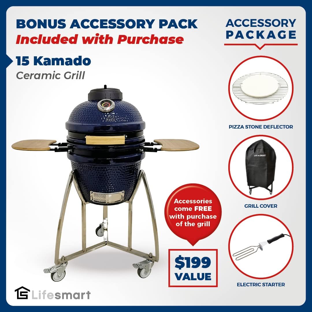 Lifesmart 15 Kamado, 6-In-1 Kamado Grill with Stainless Steel Cart, Includes Free Electric Starter, Grill Cover, Pizza Stone, Built-in Thermometer