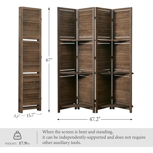 Room Divider with Shelves, 5.6 Ft Tall Folding Wood Screen with Double Hinges for Home Office Bedroom Hotel Decoration (6 Panels, Brown)