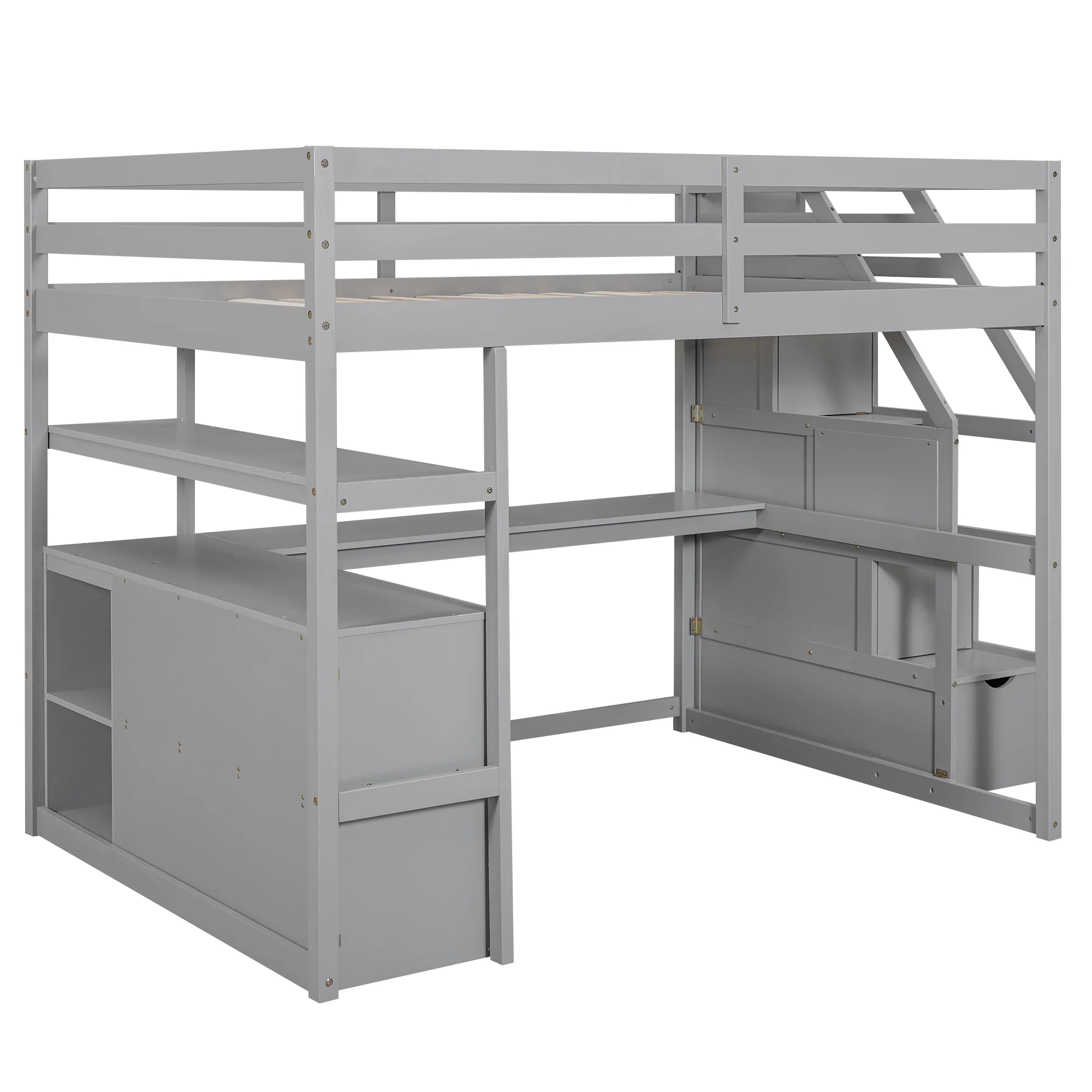 Loft Bed with Desk & Storage Stairs Wood Loft Beds with Two Built-in Drawers, High Loft Bed Frame with Step for Kids, Juniors, Boys and Girls No Box Spring Needed & Space Saving (Full)