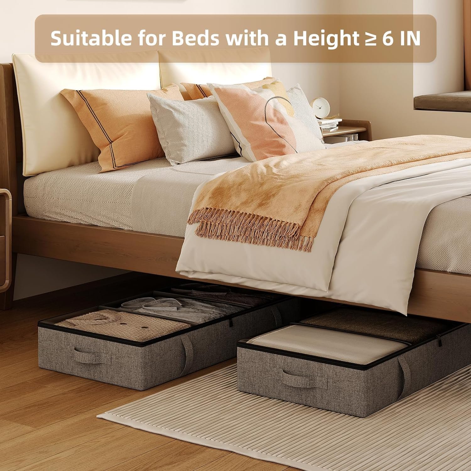 Under Bed Storage, 2 Pack Under Bed Storage Containers with Dividers, Firm Sides, Strong Zipper, 3 Reinforced Handles, 6 Inches Low Profile Underbed Storage Bins for Clothes, Blankets, Grey