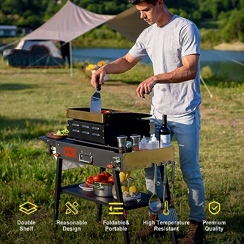 Portable Grill Table with Double-Shelf for Outdoor Prep,Folding Grill Stand Fits Blackstone Griddle 17 Inch 22 Inch, Tabletop Propane Gas Grill Cart, Camping BBQ Cooking, Stainless Steel, Black
