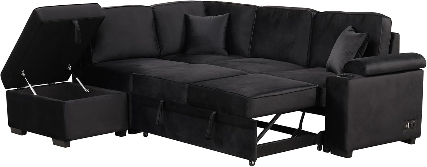 87.4'' Sleeper Sofa Bed,2 in 1 Pull Out Sofa Bed L Shape Couch with Storage Ottoman for Living Room,Bedroom Couch and Small Apartment, Black