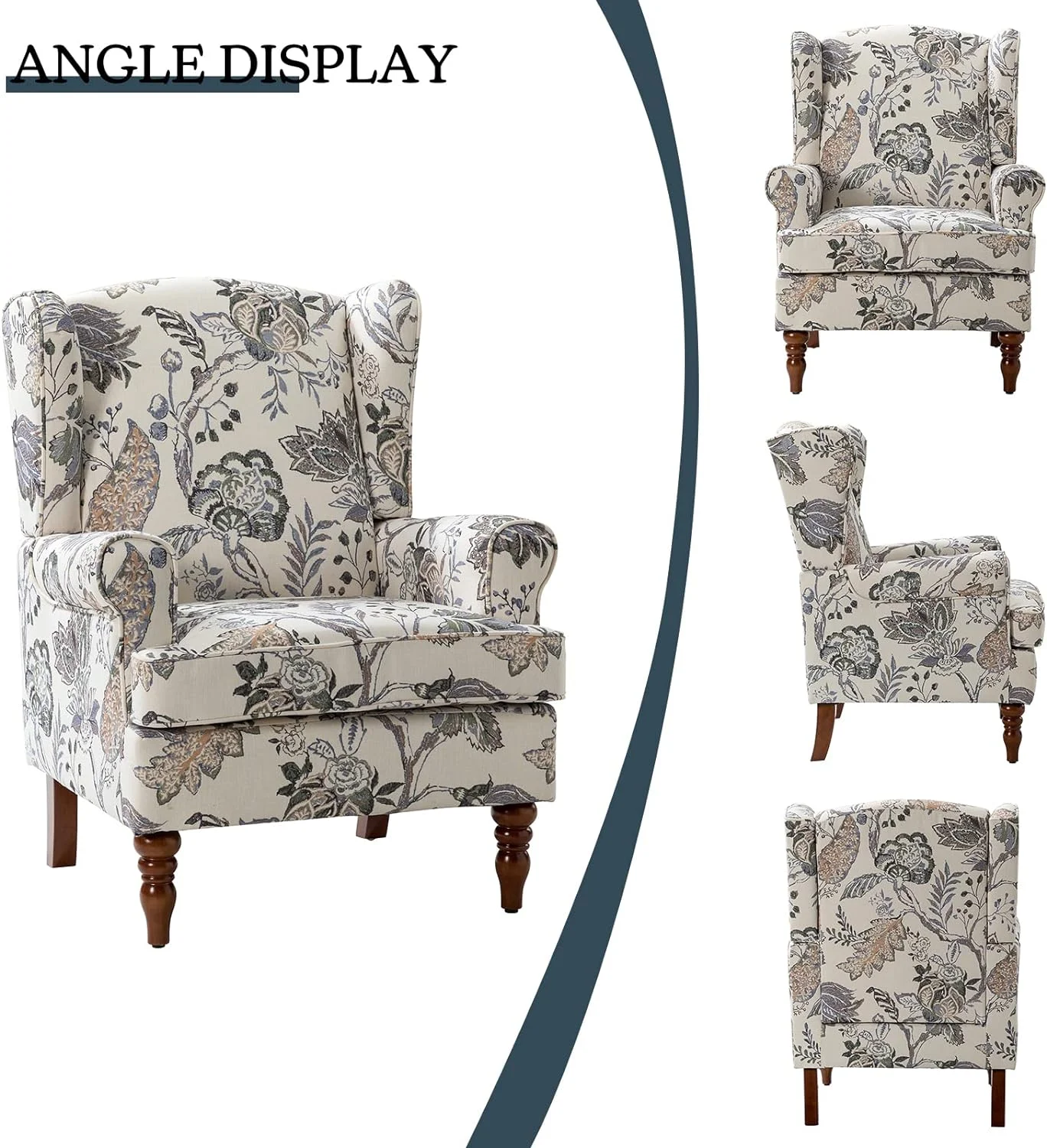 Wingback Accent Chair With Wood Legs, Traditional Fabric Armchair For Living Room Bedroom, Comfy Upholstered Single Sofa Chair Reading Chair With Unique Pattern Design, Green
