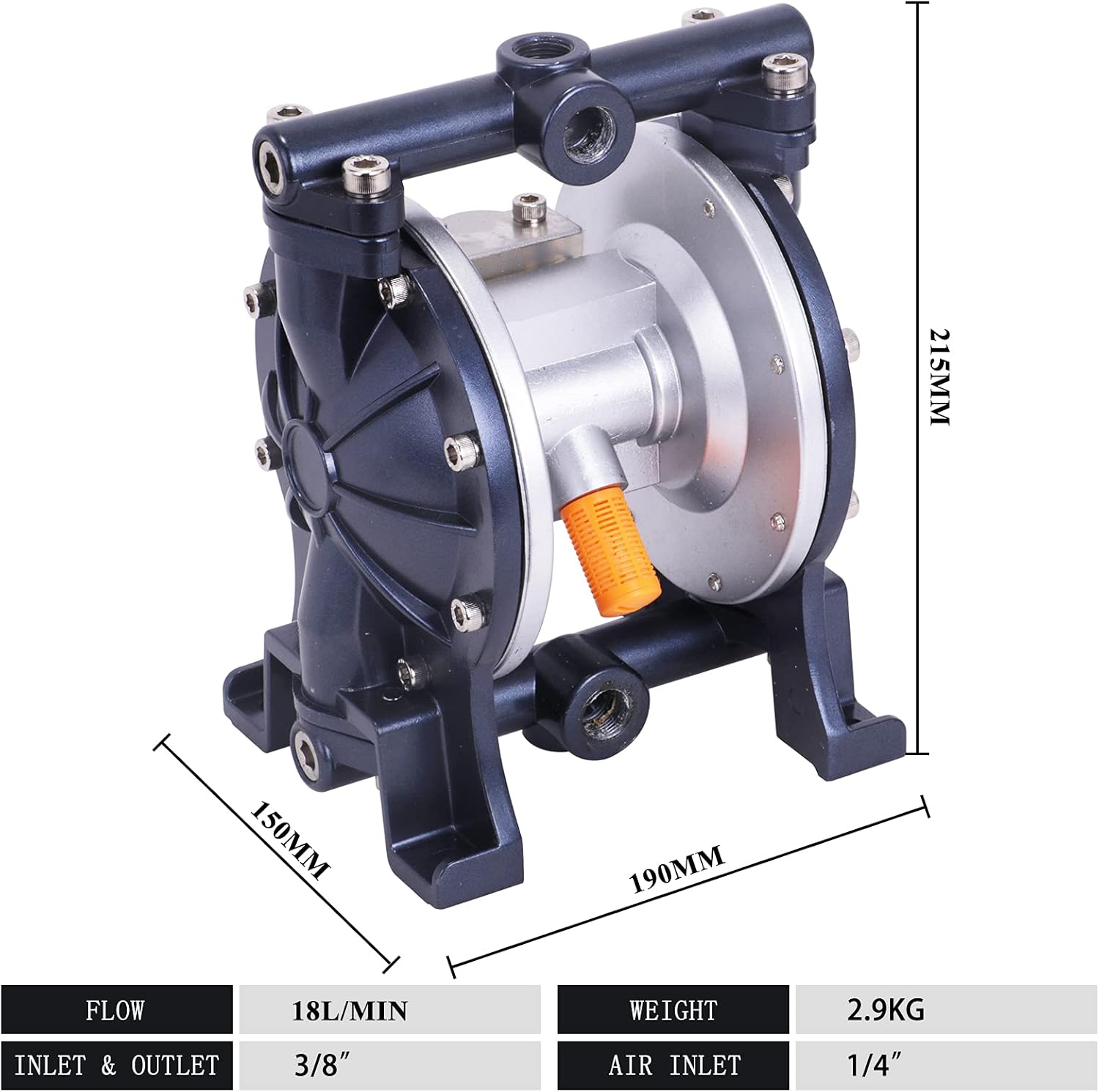 Air-Operated Diaphragm Pump Pneumatic Double Diaphragm Pump 3/8" Inlet & Outlet Transfer Pump 1/4" Air Inlet for Chemical Industrial Use (18L/min)