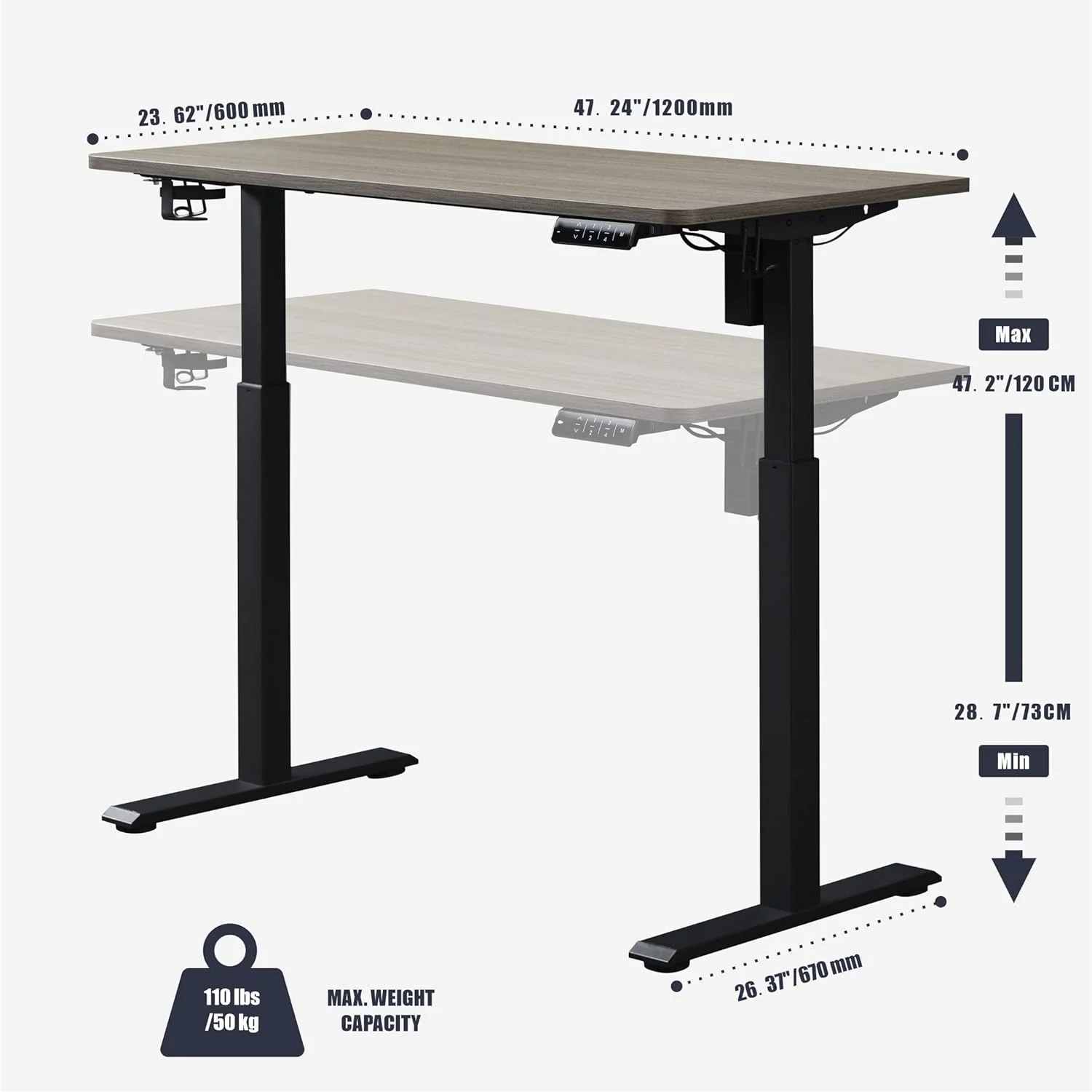 Electric Height Adjustable Standing Desk, 48" Home Office Wooden Computer Desk Ergonomic Memory Control Workstation Sit Stand Desk, Grey Oak