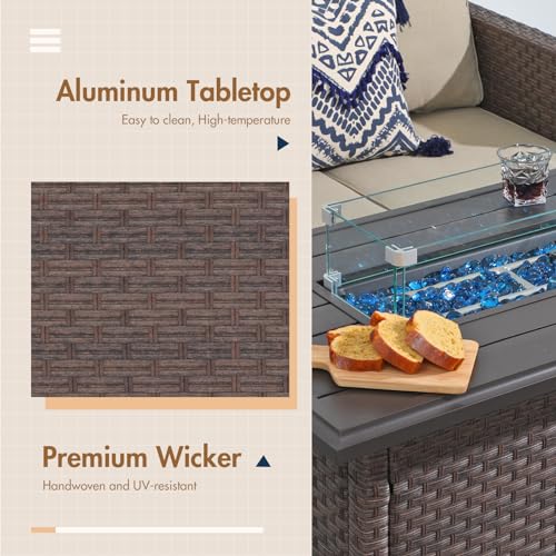 SUNSITT Outdoor Fire Pit Table 43 Inch Wicker Propane Fire Pit with Aluminum Tabletop 50,000 BTU Gas Firepit with Fire Glass, Lid, Cover, Taupe Rattan