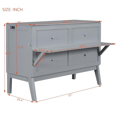 Queen Size Murphy Bed with USB Ports and Removable Shelves on Each Side, Wood Murphy Bed Wall Bed Folding Wall Bed for Home Office or Small Room, Gray