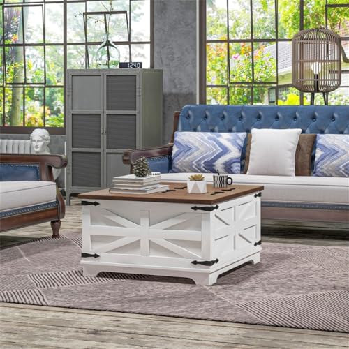 Farmhouse Square Storage Coffee Table with Hinged Lift Top Rustic Wood Center Table with Hidden Storage Compartment & Barn Door Panel Coffee Table for Living Room, Distressed White&Brown