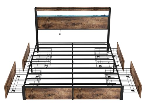 SADENICEL Queen Bed Frame with Storage Headboard and 4 Drawers, Metal Platform Bed Frame with LED Light, Charging Station, No Box Spring Needed, Noise Free, Easy Assembly, Vintage Brown