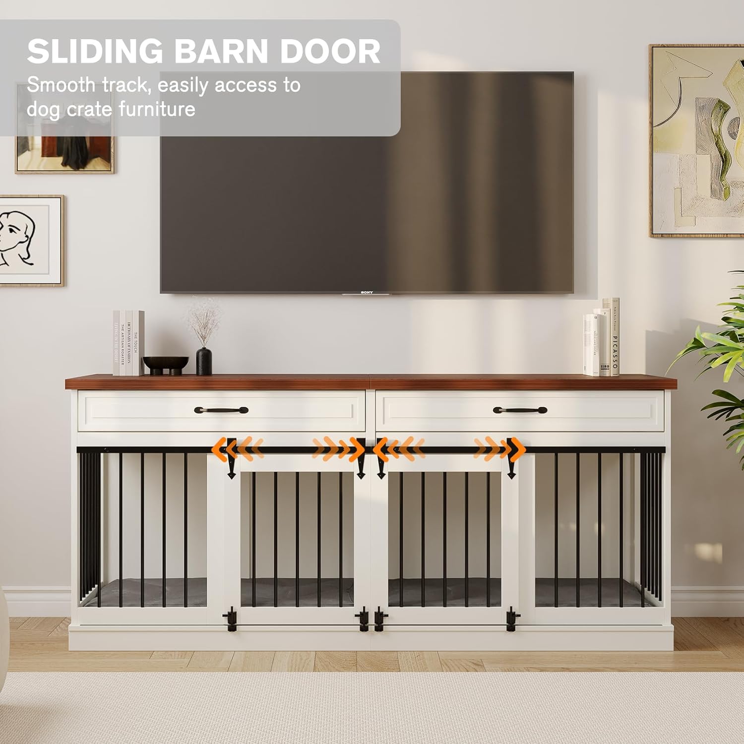 Dog Crate Furniture - Farmhouse Indoor Wooden Dog Kennel with Sliding Barn Doors, Room Divider and 2 Drawer, 72”L x 23.6”W x 31.5”H, White