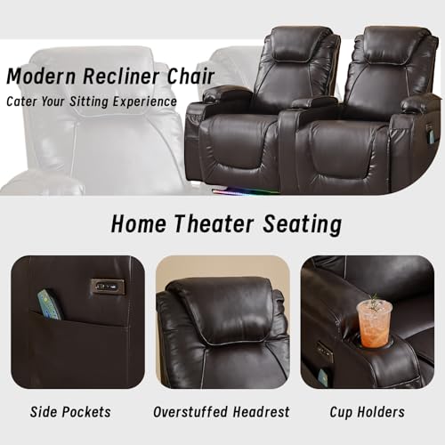 Power Loveseat Recliner Chair, Electric Home Theater Seating with Storage Armrest, Wall Hugger RV Double Reclining Sofa Chairs with Outlet/LED Light/Cup Holder for Living room (Brown)