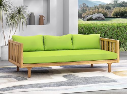 Merax Outdoor 3 Seater Daybed, Acacia Wood Day Bed Couch Sofa with Cushions for Patio Backyard, Garden, Grey